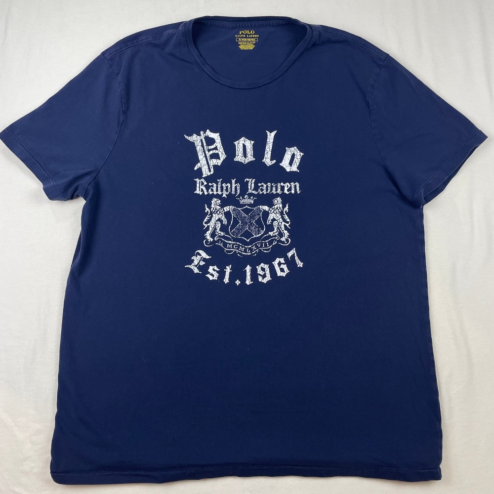 Polo Ralph Lauren Men XL Custom Slim Fit Graphic T-Shirt Navy Blue Est 1967